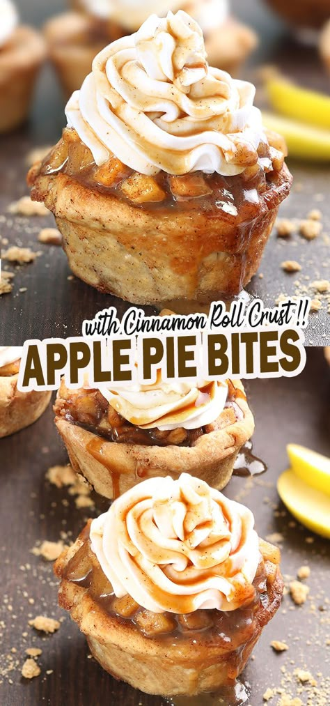 Apple Pie Finger Food, Snickerdoodle Apple Pie Cookie Cups, Cinnamon Roll Apple Pie Cupcakes, Apple Pie Cinnamon Roll Cups, Crescent Roll Apple Pie Bites, Mini Cinnamon Apple Pies, Fall Dessert Recipes Cinnamon, Cinnamon Apple Pie Bites, Mini Pie Filling Ideas