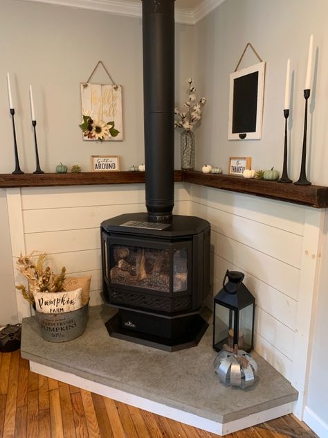 Fireplace Stove Wood Burning, Decor Around Pellet Stove, Behind Pellet Stove Ideas, Corner Wood Stove Decor, Hearth Ideas Wood Stove, Living Room Designs Wood Stove, Wood Stove Basement Ideas, Harth Ideas Pellet Stove, Woodstove Makeover Before And After