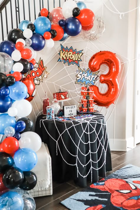 Spider-man birthday party 3rd boy superhero 3rd Superhero Birthday Party, Spiderman Birthday Balloons, Marvels Theme Birthday Party, Superhero Third Birthday, Third Birthday Spiderman, Spiderman Bday Decoration, Marvel Superhero Birthday Party, Marvel Third Birthday Party, Marvel Theme Party Decoration