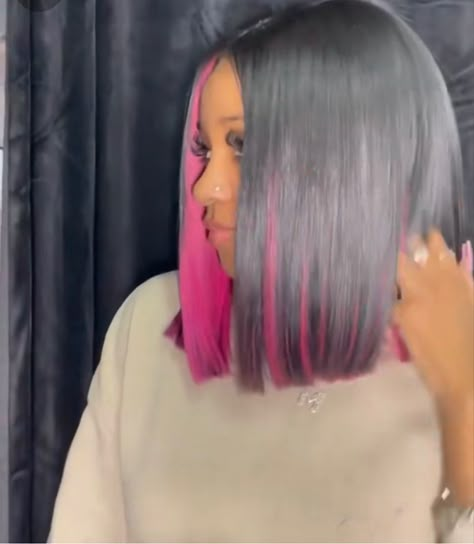 Pink Bob Black Women Middle Part, Pink Peekaboo Wig, Bobs With Peekaboo Color, Peekaboo Bob Wig, Peekaboo Lace Front Wig, Peekaboo Bob Weave, Peek A Boo Bob, Pink Bob Black Women, Sew In With Pink Highlights