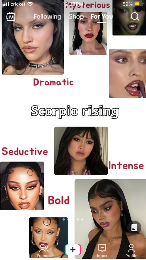 Venus Sign Scorpio Style, Scorpio Makeup Aesthetic, Scorpio Mars Aesthetic, Scorpio Venus Makeup, Scorpio Rising Fashion, Scorpio Rising Outfits, Sagittarius Rising Style, Libra Rising Makeup, Scorpio Rising Makeup