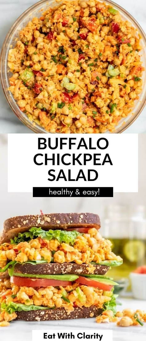 Buffalo Chickpea Salad, Vegan Chickpea Salad, Buffalo Chickpea, Chickpea Salad Sandwich, High Protein Vegetarian Recipes, High Protein Vegan Recipes, Vegan Chickpea, Vegetarian Meal Prep, Chickpea Recipes