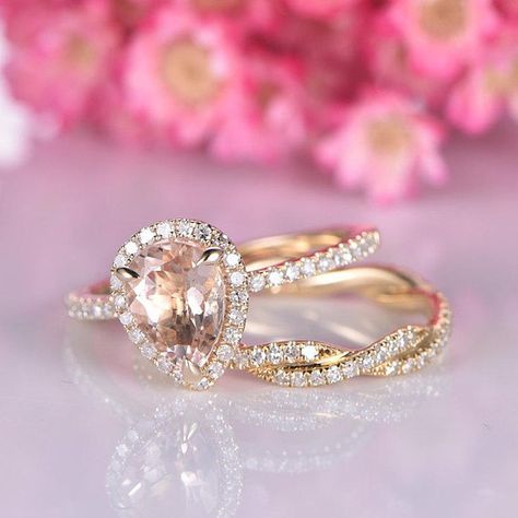 Morganite engagement ring set 14k yellow gold diamond bridal ring 5x7 pearl cut morganite promise ri Pretty Promise Rings, Promise Ring Diamond, Baguette Wedding Band, Morganite Rings, Morganite Engagement Ring Set, Traditional Engagement Rings, Gorgeous Ring, Diamond Promise Rings, Morganite Engagement