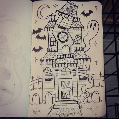 Halloween Door Drawing, Haunted House Illustration Drawings, Halloween Houses Drawings, Drawing A Haunted House, Cartoon Haunted House Drawing, Halloween Drawings House, Drawings Of Haunted Houses, Haunted House Sketch Easy, Haunted House Ideas Drawing