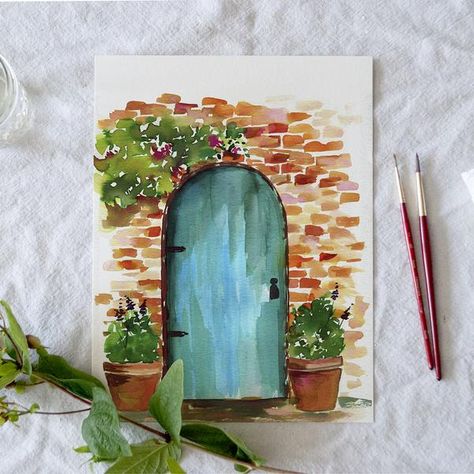 Canvas House Painting, Outdoor Watercolor Painting, Houses Watercolor Painting, Watercolor Home Painting, Pencil Watercolor Drawing, Watercolor Window Painting, Watercolor Painting On Canvas, Watercolor House Painting Tutorial, Art Inspiration Painting Watercolour