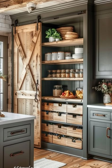 Farmhouse Kitchen Pantry Ideas - Quiet Minimal Kitchen With Pantry Ideas, Pantry Homestead, French Country Pantry Ideas, Barndo Kitchen Ideas Farmhouse, Kitchen Ideas French Country, Tiny Living Ideas, Kitchen Building Ideas, Cabin Pantry Ideas, Kitchen And Pantry Design