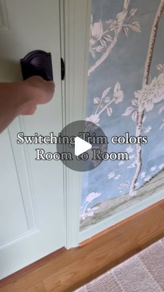 Christina on Instagram: "When I’m painting trim, I always have inquiries on where I transition the color from one room to the next. I paint the entire casing, up to the door stop. I paint the edge of the door that faces the inside of the room the same color as the room trim, and I paint the hinge side of the door the same color as the trim and casing on the outside of the room. When the door is closed, everything you see from both sides matches the trim color in that room. Save for the next time you’re painting different trim colors!" Transitioning Trim Colors, Trim Color Transition, How To Choose Trim Color, Wall Color Transition Ideas, Window Trim Same Color As Wall, Trim Painted Same Color As Walls, Painting Trim Same Color As Walls, Painting Walls And Trim The Same Color, Painted Trim And Doors