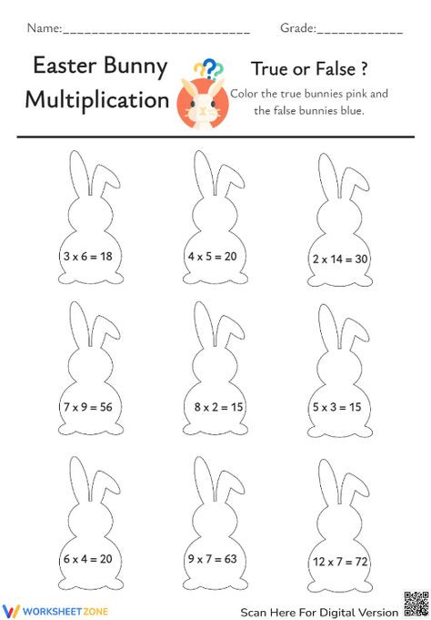 Practice multiplication skills while celebrating Easter with this fun and engaging worksheet! Try it now! ✌️ #Math #Multiplication #Holidays #Easter #Coloring #Bunnies #Identify #Choosing #True #False Easter Math, Multiplication Worksheets, Easter Bunny, Easter, Color