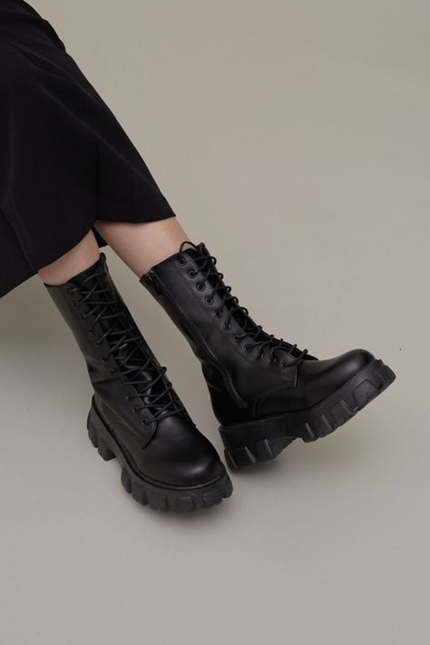 Womens Mid Calf Combat Boots, Black Boots Lace Up, Black High Top Boots, Mid Calf Combat Boots, Female Boots Black, Boots Lace Up, Cool Black Boots, Cute Black Shoes For Women, Grunge Boots Aesthetic