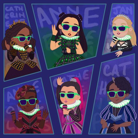 Six the musical, six singers wearing glasses and ruff collars Haus Of Holbein, Henry The 8th, Catherine Howard, Musical Wallpaper, Musical Hair, Catherine Parr, Katherine Howard, Musicals Funny, Six The Musical