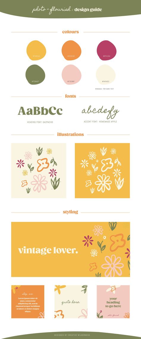 Floral Instagram Illustration Retro for The Design Day. #illustration #flowers #retro #vintage #branding Vintage Floral Color Palette, Vintage Floral Fashion, Flower Business Branding, Branding Design Elements, Happy Branding Design, Moodboard For Branding, Brand Package Design, Cottagecore Branding Design, Retro Logo Ideas