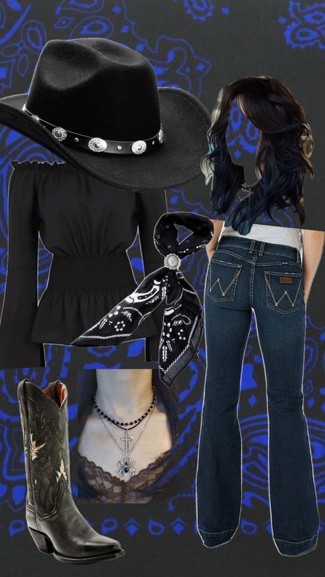 Gothic western outfit Emo Vaquera Outfit, Country Gothic Outfits, Gothic Country Aesthetic Outfits, Emo Cowboy Outfit, Alt Country Aesthetic, Witchy Cowgirl Aesthetic, Alt Cowgirl Outfits, Gothic Cowgirl Outfit, Emo Cowgirl Outfits