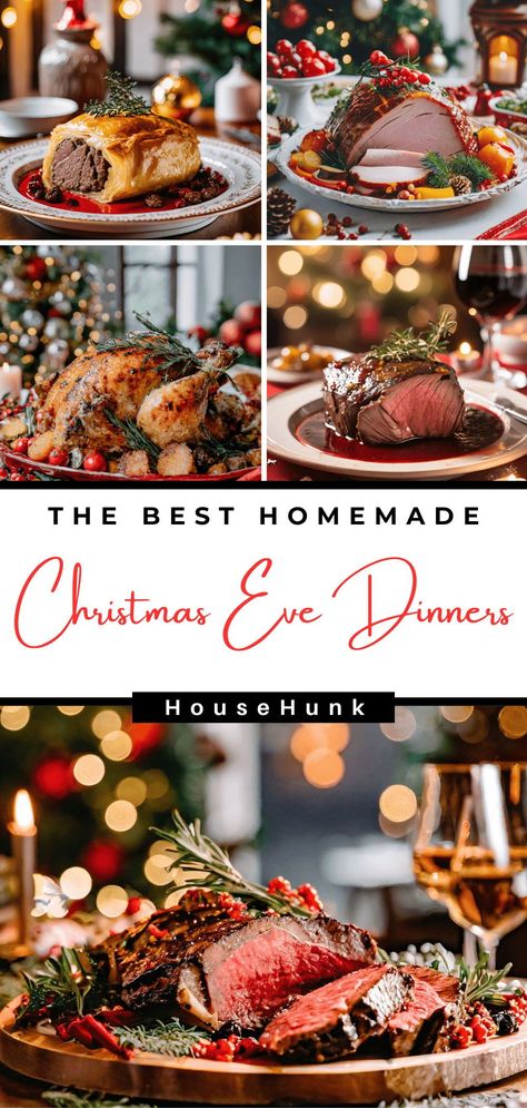 Elevate your Christmas Eve with these gourmet dinner ideas! From succulent prime rib to easy sheet pan meals, discover recipes that promise festive flavors and culinary elegance. #ChristmasDinner #HolidayFeast #GourmetRecipes Elegant Christmas Dinner Party Menu Ideas, Holiday Meats Christmas Dinners, Christmas Dinner Ideas Not Turkey, Christmas Dinner Meals Ideas, Xmas Roast Dinner, 5 Course Meal Menu Ideas Christmas, Christmas 2024 Recipes, Christmas Dinner Spread Food, 5 Course Christmas Dinner