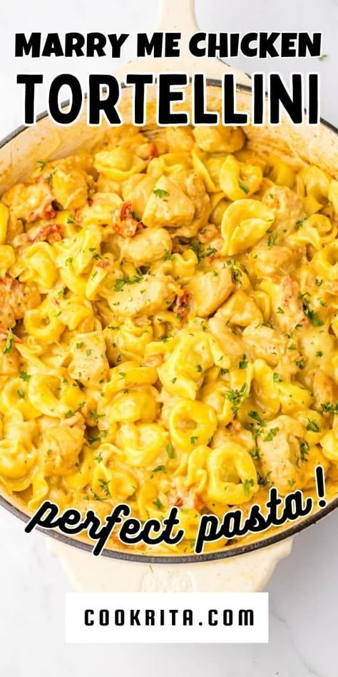 Indulge in the irresistible Marry Me Chicken Tortellini Pasta! Seasoned chicken bites, cheese-filled tortellini, and a butter cream sauce create a delectable one-skillet dinner. Ready in just 20 minutes, it's no wonder this dish went viral on TikTok! Chicken Parm Tortellini Bake, One Pan Chicken Tortellini, Recipes Using Tortellini And Chicken, Tortellini Cheese Recipes, Chicken With Cheese Tortellini Recipes, Cheese Tortellini With Chicken Recipes, Chicken Pesto Tortellini Crockpot, Creamy Cheese Tortellini Recipes, Tortellini And Rotisserie Chicken