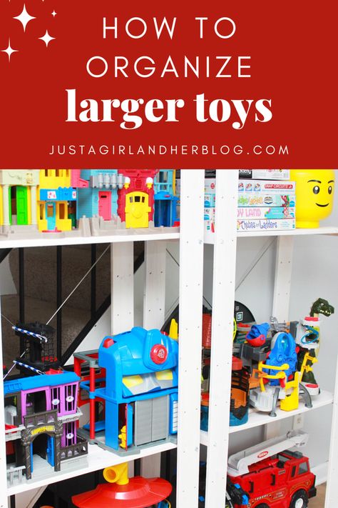 Organize Toy Chest, Toy Storage Room Ideas, Toy Storage For Big Toys, Diy Corner Toy Storage, Vertical Playroom Storage, Car Track Toy Storage, Organizing Big Toy Trucks, Toy Room Organization Storage Cabinets, Cheap Diy Toy Storage Ideas