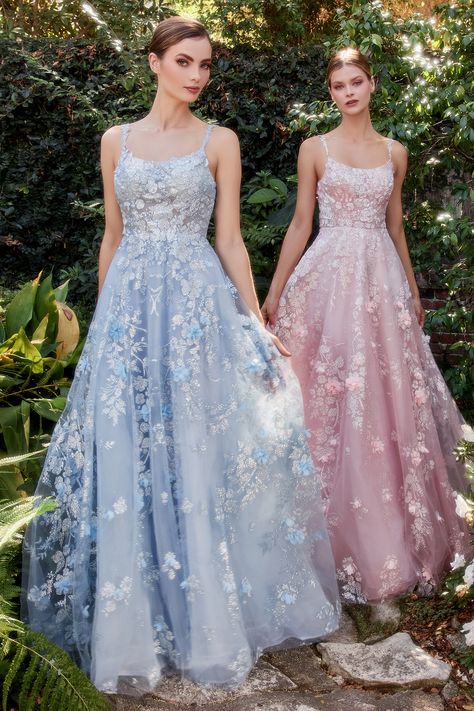 A straight neckline and delicate straps create a demure and timeless look, complimented by delicate glitter motifes and floral appliques. A flowy tulle A-line skirt creates a dreamy silhouette, which is then complimented by the drop back. #theweddingshop #amman #jordan #wedding #bridesmaid #ballgown #blue #pink #aline #floral #longdress #corset #andreaandleo Andrea And Leo, Satin Prom Dresses, Royal Beauty, Spaghetti Strap Prom Dress, Best Prom Dresses, Sleeveless Outfit, Couture Candy, Prom Dress Inspiration, Senior Prom