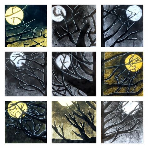 Elle and Lou: Spooky Halloween Trees: Art for Primary Children Grade 6 Halloween Art, Halloween Art Upper Elementary, 3rd Grade Art Projects Easy, Trees Tutorial, Halloween Art Lessons, Moonlight Art, Halloween Art Projects, Spooky Tree, Nail Art Halloween