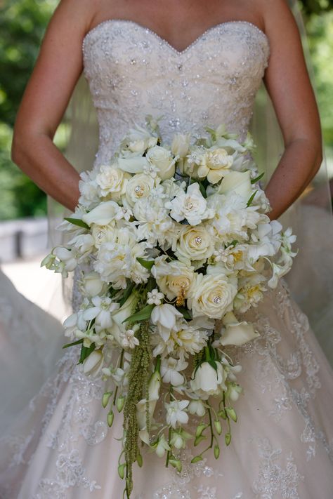 Cascade bouquet with white orchids, white peonies, cream roses, white stephanotis, white tulips, white mini callas, gardenia,  and hanging amaranthus. Hanging Flowers Wedding, Cream Wedding Flowers, White Rose Bridal Bouquet, Elegant Bridal Bouquets, Elegant Wedding Bouquets, Bridal Bouquet Peonies, Cascading Wedding Bouquets, Wedding Bouquets Bride, Brides Bouquet