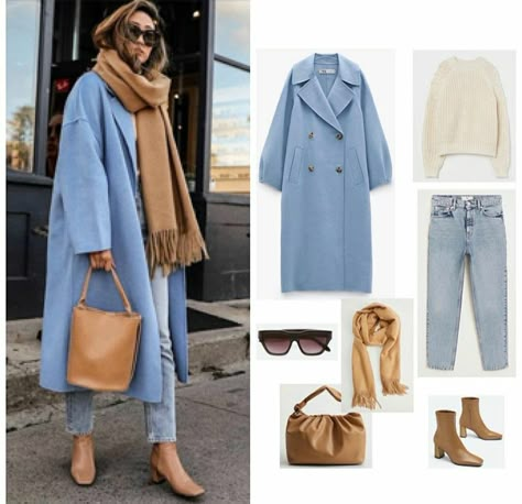 Light Blue Winter Coat Outfit, Pale Blue Coat Outfit, Powder Blue Coat Outfits, Light Blue Peacoat Outfit, Blue Complimentary Colors Outfit, Light Blue Coat Outfits For Women, Light Blue Fall Outfits, Blue Pea Coat Outfit, Blue Long Coat Outfit