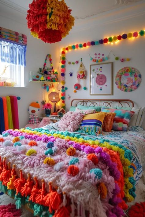 Cheer up your space with rainbow pom-pom decor. So cute and fluffy! Click to discover more adorable decor ideas. Pom Pom Decorations Bedroom, Kid Art Room, Colorful Girls Bedroom, Boho Style Bedroom Decor, Dorm Room Chairs, Colorful Rooms, Fun Bedroom, Bright Bedroom, Pom Pom Decor