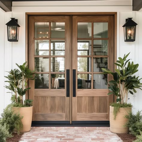 Handcrafted, custom, solid hardwood and glass doors and vanities built by American craftsmen. Glass Double Front Door, Double Wood Front Doors, Double Doors Exterior, Double Door Design, House Front Door, Front Door Design, House Doors, Wood Door, Dream House Interior