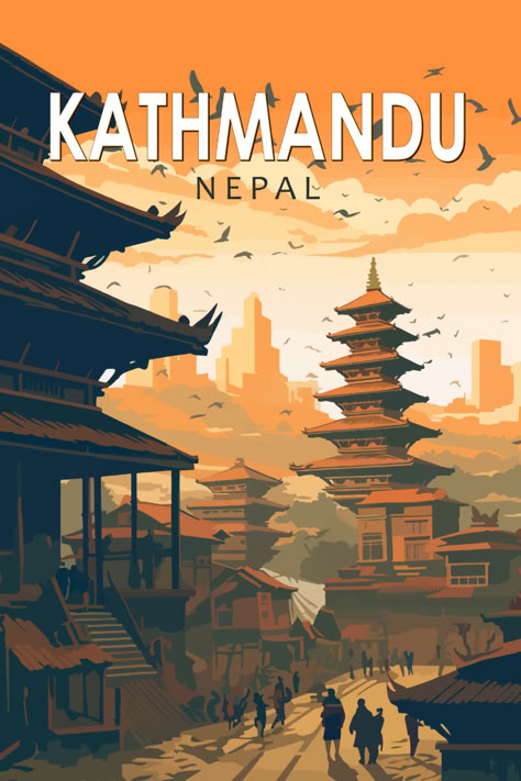 Artistic depiction of Kathmandu, Nepal in a classic retro style, emphasizing the city's rich cultural history and iconic landmarks. Nepal Illustration, Heritage Poster, Art Deco Travel Posters, Landmark Poster, Nepal Art, Wanderlust Decor, Nepal Kathmandu, Diy Travel Journal, Draw Hands