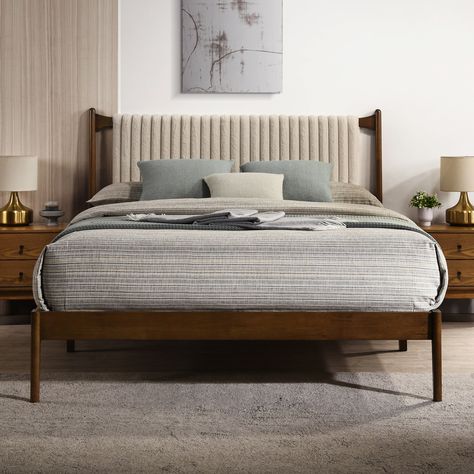 You'll love the George Oliver Ava Wooden Platform Bed at Wayfair Canada - Great Deals on all products with Free Shipping on most stuff, even the big stuff. Mid Century Modern Headboard Ideas, King Size Low Profile Platform Bed, Contemporary Wooden Bed, Temple Bedroom, Mid Century Japandi, Mid Century Bedroom Decor, Japandi Style Home, Atl Apartment, Living Room Color Combination