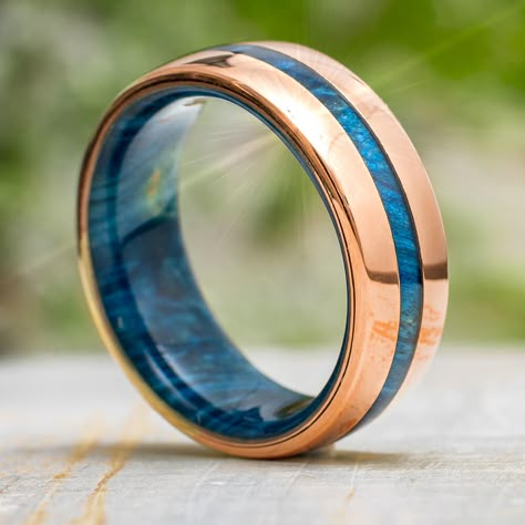 Rose Gold and Blue Wood Wedding Ring Men's Wedding Rings Rose Gold, Gold And Blue Mens Wedding Band, Blue Men’s Wedding Band, Aquamarine Mens Wedding Band, Turquoise Men’s Wedding Ring, Men’s Wedding Band With Sapphire, Men Gold Wedding Ring, Men’s Sapphire Ring, Cool Mens Wedding Rings