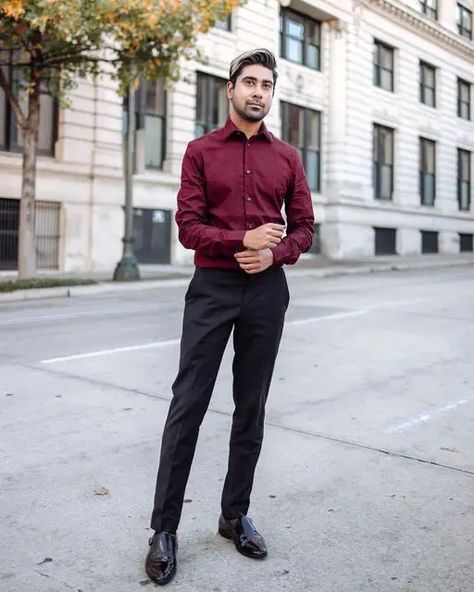 Discover Top 17 Men's Shirt & Black Pant Combos for a Dapper 2024 Look GentsOsprey Black Pants Outfit Mens, Maroon Shirt Outfit, Blue Shirt Black Pants, Men Formal Outfit, Maroon Dress Shirt, Mens Formal Outfits, Shop Outfits, Maroon Outfit, Black Outfit Men