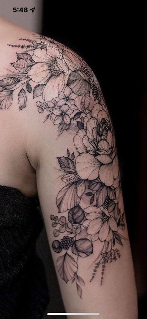 Minimalist Flower Tattoos, Floral Tattoo Design Sleeve, Flower Tattoos Minimalist, Minimalist Floral Tattoo, Minimalist Flower Tattoo, Half Sleeve Tattoo Upper Arm, Landscape Tattoos, Floral Sleeve Tattoo, Feminine Shoulder Tattoos