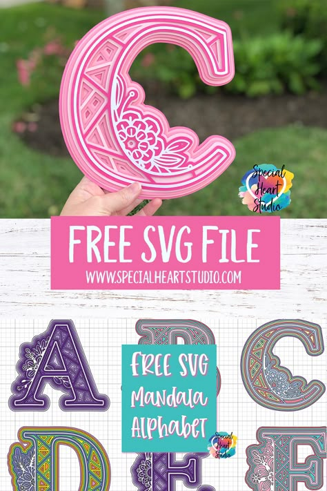 Free SVG files for Cricut, Silhouette, Glowforge, etc. Mandala letters with flowers and geometric shapes. Entire alphabet included. | Free | SVG | layered | Mandala | letters | alphabet Mandala Letters, 3d Templates, Alphabet 3d, Diy Stencils, Layered Mandala, Cricut Svg Files Free, Idee Cricut, Projets Cricut, Letters Alphabet