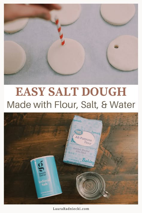 Here is an easy DIY Salt Dough recipe for crafting ornaments, crafts, and fun kids' projects. Get creative with this versatile dough! Salt Dough Baking Time, Small Batch Salt Dough Ornaments, Salt Dough Playdough, Diy Salt Dough Ornaments Recipes, Saltdough Diy Kids, Family Salt Dough Ornaments, Recipe For Salt Dough, Dough For Ornaments Recipe, White Dough Ornaments