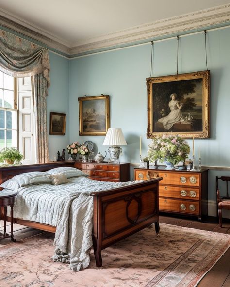 This light blue colour is growing on me! I have always read that light blue is a classic colour, it is timeless and will stand the test of… | Instagram Light Blue Victorian Bedroom, Cozy Light Blue Bedroom, Light Blue Vintage Bedroom, Blue Antique Bedroom, Ice Blue Bedroom, Blue Light Academia, Blue Vintage Room, Pale Blue Room, Tall Ceilings Bedroom