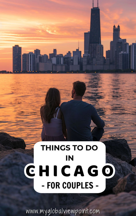 A couple sits on rocks by the water, watching the sunset over the Chicago skyline, one of the most romantic things to do in the Windy city. Chicago Trip, Things To Do In Chicago, Romantic Things To Do, Romantic Restaurant, Dream Date, Chicago Travel, Chicago Restaurants, Romantic Things, Romantic Getaway