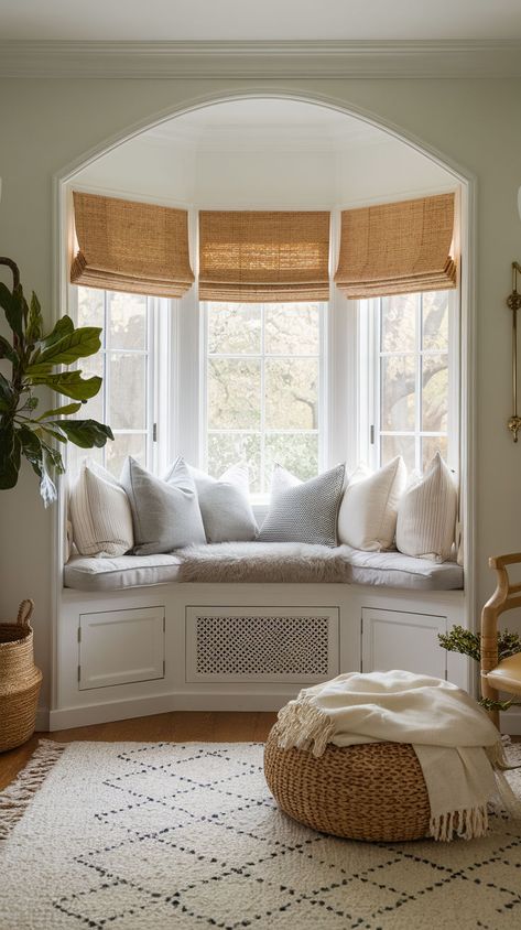 Create a peaceful indoor hideaway with these 20 cozy nook ideas designed for relaxation. Whether you’re looking to turn a bay window into a dreamy escape or want to craft a snug corner in your living room, these cozy nook designs feature plush seating, calming decor, and clever use of space. Window Bay Living Room, Corner Window Ideas Living Room, Bay Window Window Seat, Styling A Bay Window, Bay Window Bench Ideas, Bay Window Ideas Living Room Furniture Layout, Bay Window Living Room Ideas, Window Sitting Ideas, Bay Window Couch