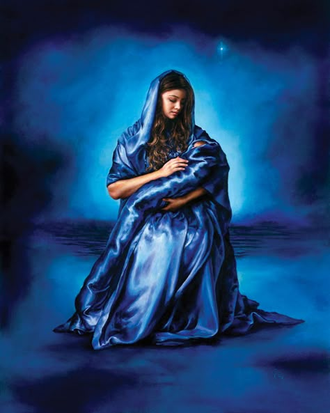 Mother's Love, Akiane Kramarik. The artist's words: "I painted Mary in a silky blue robe surrounded by a background palette of cerulean, cobalt and Persian blue. This is how I interpreted the vision of baby Jesus and his beautiful young mother. The robe connects both of them as if there were one. Mary is the symbol of love, warmth, affection, tenderness and devotion. Her story is the story of love and faith." Akiane Kramarik Paintings, Akiane Kramarik, Heaven Is For Real, Jesus Mother, Child Prodigy, Mary Mother Of God, Prophetic Art, Blessed Mother Mary, Jesus Painting