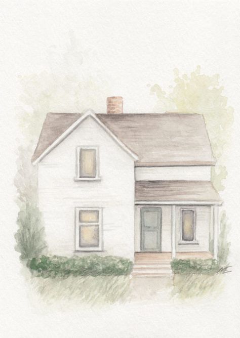 How To Draw A Farmhouse Step By Step, Farmhouse Drawings Easy, How To Draw A Farmhouse, Farmhouse Watercolor Art, House Portrait Drawing, Watercolor House Painting Simple, Watercolour Farmhouse, Home Drawing Simple, Farmhouse Drawings