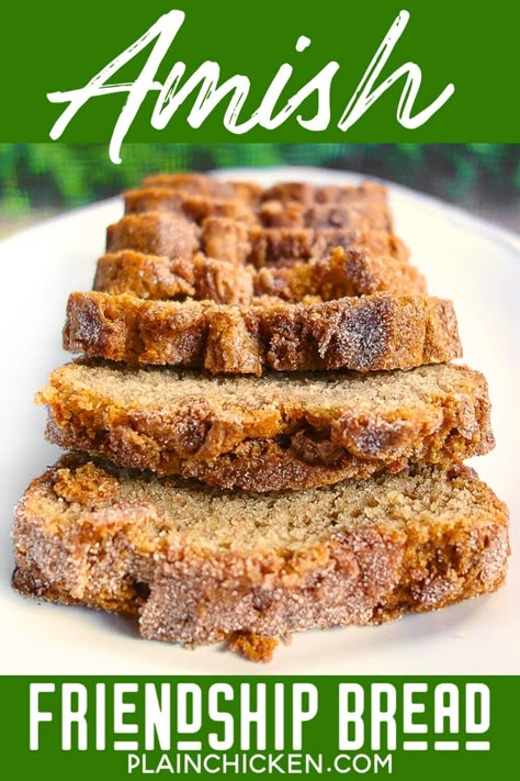 Amish Friendship Bread – AMAZING bread!!! It starts with a starter. You can get 10 loaves with one batch! Great for gift giving!!!! The starter freezes well. Yeast, water, flour sugar, milk, eggs, oil, cinnamon, vanilla, vanilla pudding, baking powder and baking soda. We LOVE this bread! #bread #dessert #amishfriendshipbread #breadstarter #yeast Amish Friendship Bread Starter Recipes, Friendship Bread Recipe, Friendship Bread Starter, Amish Food, Amish Bread, Amish Friendship Bread, Friendship Bread, Bread Starter, Starter Recipes