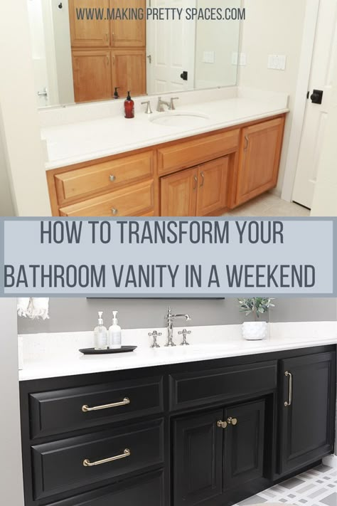 Painted Vanity Bathroom, Bathroom Diy Ideas, Bathroom Cabinets Diy, Painting Bathroom Cabinets, Rustic Mantel, Black Vanity Bathroom, Diy Bathroom Makeover, Bathroom Vanity Makeover, Small Bathroom Ideas On A Budget