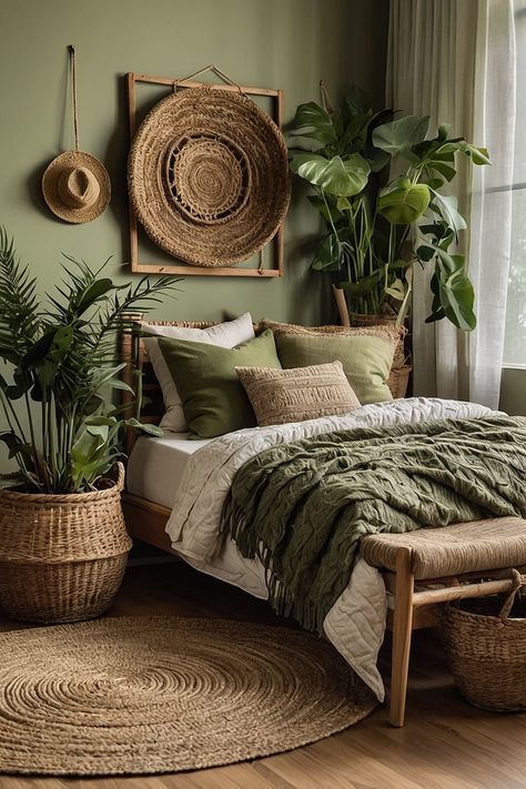 Green And Earthy Bedroom, Earthy Green Interior Design, Room Inspiration Aesthetic Green, Sage Green Earthy Bedroom, Light Color Decor, Nature Bedroom Aesthetic Cozy, Earthy Bedroom Green Walls, Sage Green Black And White Bedroom, Green And Beige Room