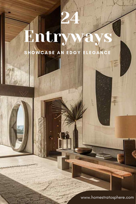 24 Entryways Showcase an Edgy Elegance Large Foyer Furniture Ideas, Mediterranean Modern Entryway, Cb2 Entryway Ideas, Lulu And Georgia Entryway, Entryway Big Mirror Ideas, Large Entrance Ideas, Cb2 Entryway, Japandi Foyer Design, Artsy Entryway