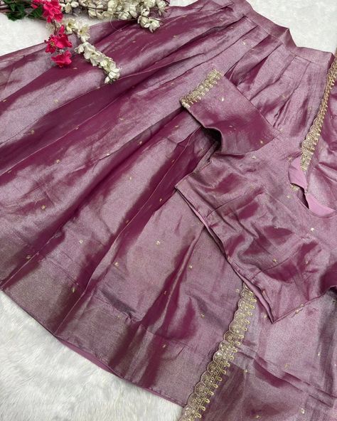 🏃‍♀️new launching lehenga🏃‍♀️ *Lehenga Fabric*:- Pure Dual tone Tissue silk with Beautifully embroidered butti with fine finishing Pleated *lehenga Waist*:- 42, *Length*:- 42” *Blouse Fabric*:- Pure dual tone Tissue silk with Beautifully embroidery butti with designer Cutwork Sleeves and Designer back *Dupatta* :- Premium Quality dual Tone tissue silk with embroidery sequince work and fine finishing Cutwork *Length*:- 2.5mt *price:1280+ shipping* *Quality assured* ** available* Tissue Choli Design, Tissue Lehenga Blouse Designs, Tissue Fabric Dress Design, Tissue Fabric Lehenga, Embroidery Butti, Cotton Lehenga Choli, Pleated Lehenga, Zip Stitching, Tissue Fabric