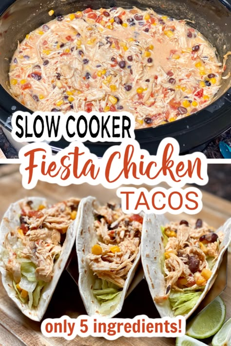 FIESTA CHICKEN TACOS - SLOW COOKER - Family Dinner Delights Creamy Crockpot Mexican Chicken, White Chicken Tacos Crockpot, Fiesta Chicken And Rice Crockpot, Crock Pot Chicken Ranch Tacos, Crock Pot Chicken Tacos Cream Cheese, Cheesy Chicken Tacos Crockpot, Easy Taco Chicken Crockpot, Fiesta Ranch Chicken Crockpot, Mexican Chicken In The Crockpot