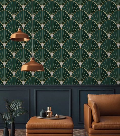 Art Deco Dark Green Wallpaper Fans Peel and Stick Removable or | Etsy Art Deco Office, Art Deco Homes, Mid Century Modern Wallpaper, Dark Green Wallpaper, Dark Green Walls, Art Deco Living Room, Green Art Deco, Art Deco Interior Design, Art Deco Wallpaper