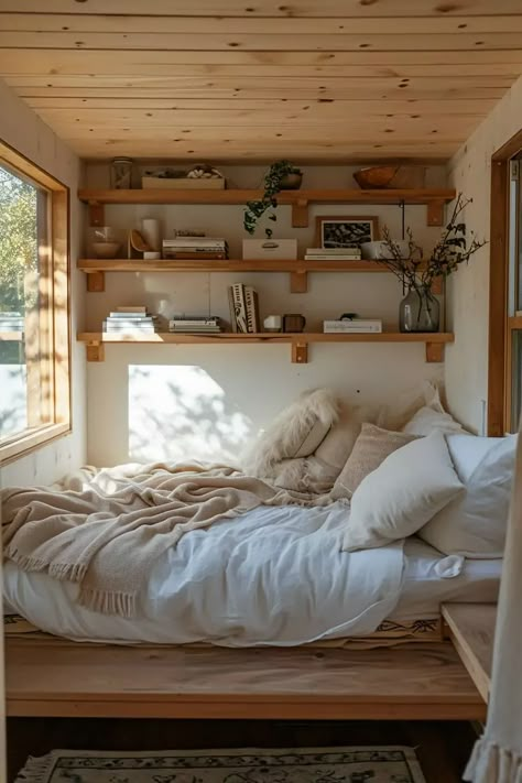 25 Ingenious Tiny House Bedroom Ideas for Compact Living - Roomy Retreat Summerhouse Bedroom Ideas, Clever Bedroom Design, Low Loft Ideas, Tiny House Room Ideas, Tiny House With 2 Bedrooms, Sleepout Ideas Interior, Tiny Home Interior Design Ideas, Tiny Cozy Bedroom, Tiny Living Ideas