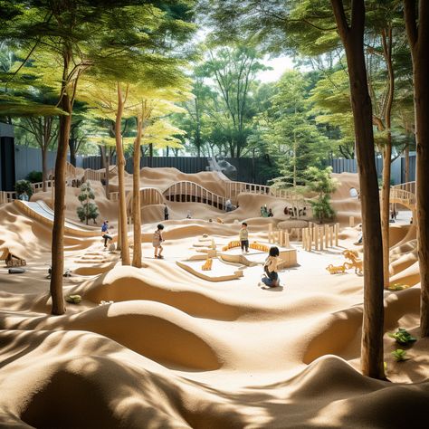 Urban Playground Design, Playground Park Design, Urban Oasis Architecture, Indoor Playground Design Architecture, Sustainable Playground, Desert Playground, Sand Playground, Aesthetic Playground, Jungle Playground