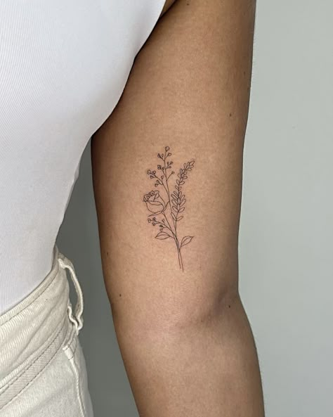 art. Roses And Peonies Tattoo Design, Aster And Lily Tattoo, Fine Art Flower Tattoo, Birth Flower Boutique Tattoo, Where To Put A Flower Tattoo, Dainty Floral Bouquet Tattoo, December Flower Bouquet Tattoo, Flower Tattoos With Stem, Inside Arm Flower Tattoos For Women