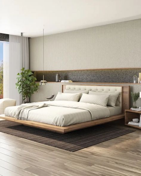 28 Floating Bed Ideas to Transform Your Bedroom with Modern Elegance and Cozy Comfort - placeideal.com Beds With Wooden Headboards, Bed Frame Luxury, Low Wooden Bed Frame Modern, Flying Bed Bedrooms, Floating Storage Bed, Modern Cot Designs Bedrooms Beds, Organic Modern Bed Frame, New Bed Designs 2024 Luxury, Headboard With Built In Nightstand