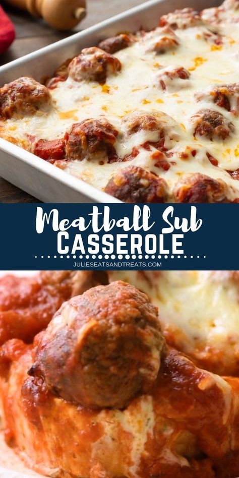 Do you love meatball subs? Now you can have your favorite meatball sub in this hearty casserole recipe! Meatball Sub Casserole is a dinner recipe that combines all your favorite flavors of the classic sub. A layer of toasted french bread topped with cream cheese layer, spaghetti sauce, meatballs and cheese. #casserole #recipe via @julieseats Meatballs And Cheese, Meatball Sub Casserole, Meatball Sub, Meatball Casserole, Tasty Meatballs, Diner Recept, Hearty Casseroles, Meatball Subs, Cheese Casserole