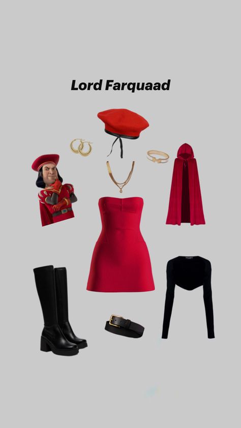 red dress, black boots, red cape, black belt, gold jewelry, easy last minute costumes for Halloween, funny Shrek Lord Farquaad, Easy Last Minute Halloween Costume, Halloween Costumes For Brunettes, Easy Halloween Outfit, Shrek Costume, Lord Farquaad, Last Minute Halloween Costume, Horror Halloween Costumes, Classy Halloween Costumes